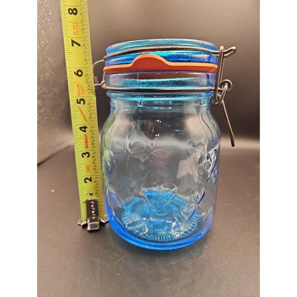 Vintage Blue Glass Storage Jar Hearts Crownford Giftware Corp  7 Tall